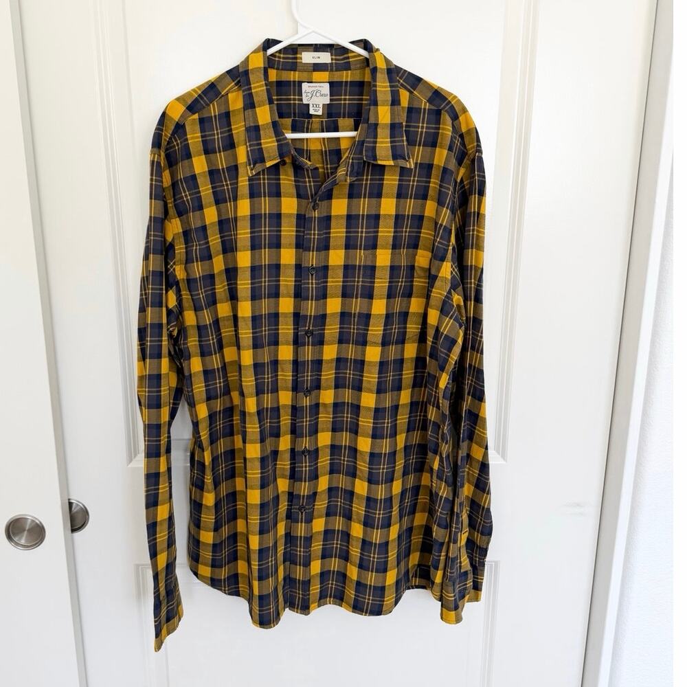 J. Crew Brushed Twill Slim Fit Cotton Button Down Shirt Plaid Blue Yellow XXL